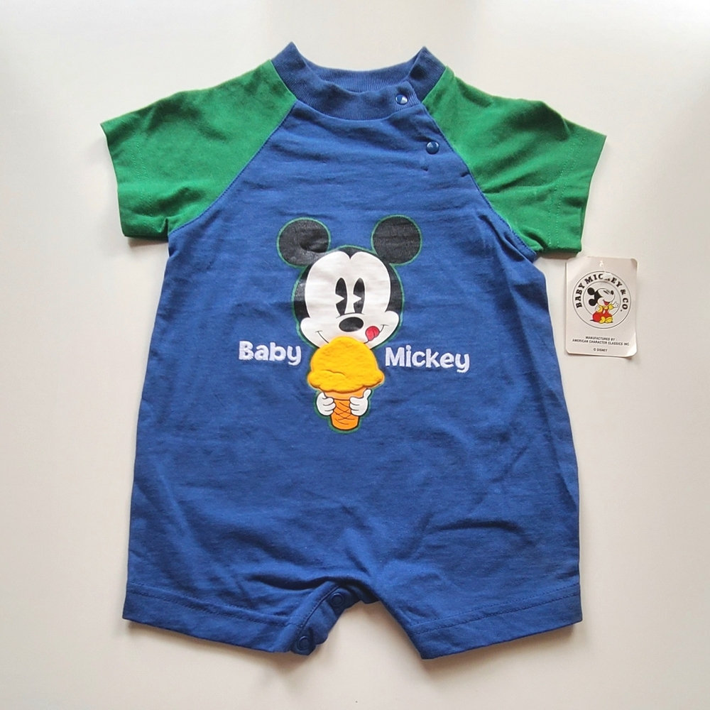 Vintage 80s/90s Graphic Baby Mickey Mouse Cotton Romper One Piece 12 M NEW!!